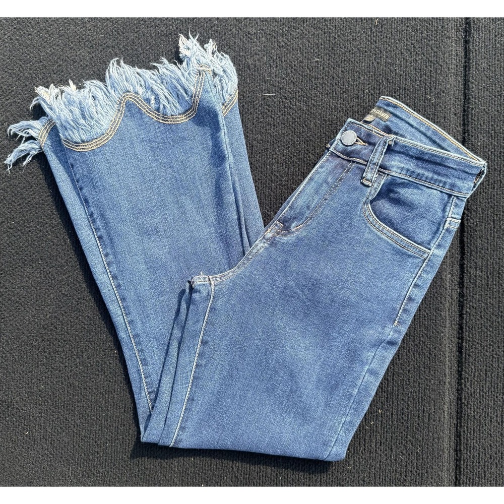 Coco + Carmen Jeans Womens S Blue Medium Wash High Rise Flare Fringe Crop Denim